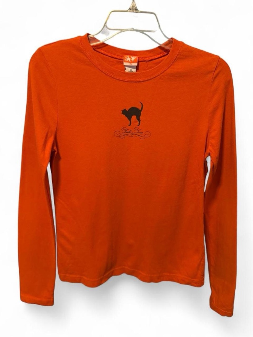 Women’s Halloween Long Sleeve Orange Cat Graphic with “Trick or Treat” Text Tee